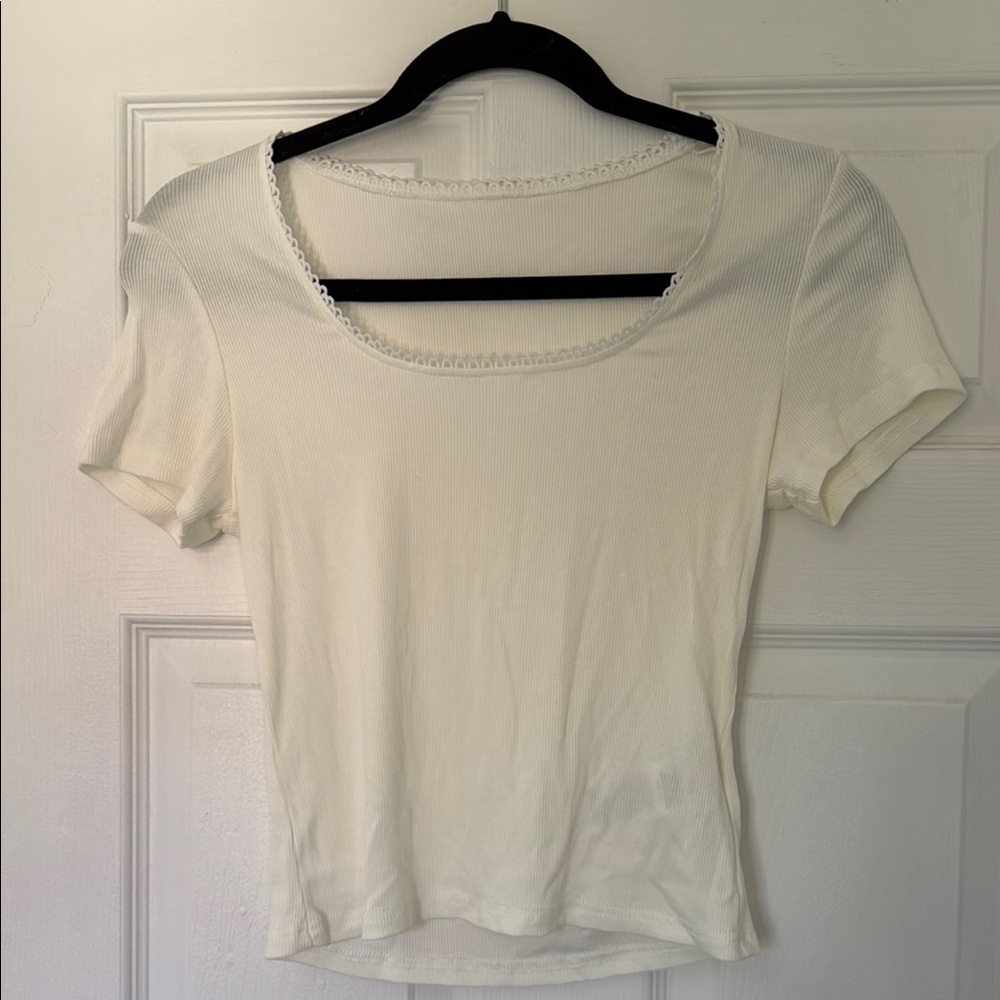White Crop Short Sleeve Top — Scoop Neck with Neckline Detailing